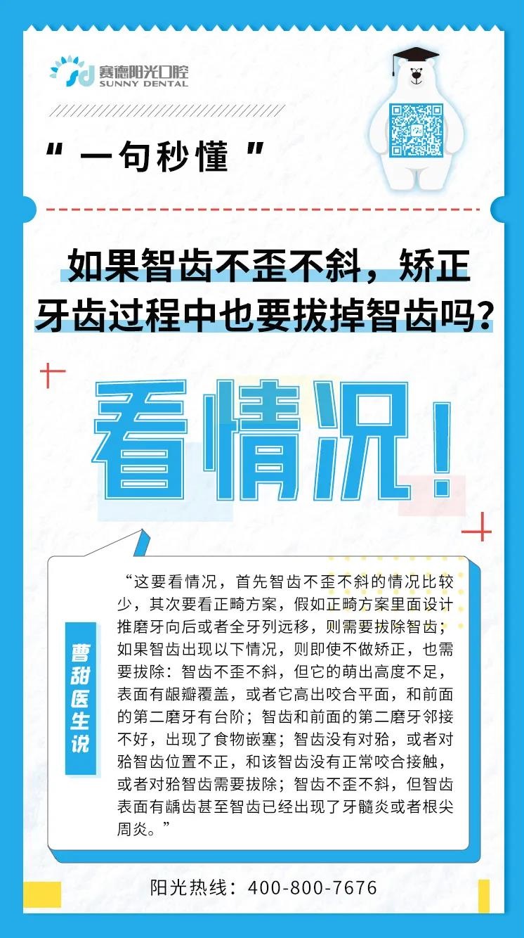 曹甜医生 | 如果智齿不歪不斜，矫正中也要拔掉吗？；【一句秒懂】智齿如果听话，矫正能不能留它一条“命”……